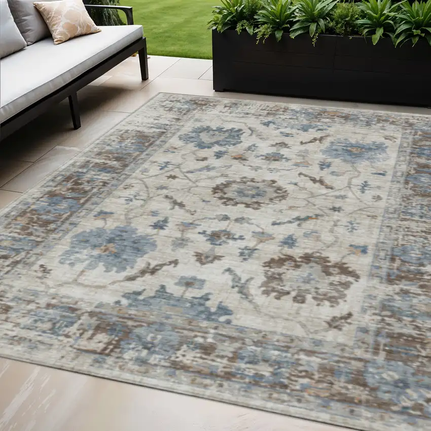 Beige And Blue Floral Washable Indoor Outdoor Area Rug Photo 2