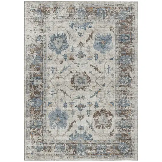 Beige And Blue Floral Washable Indoor Outdoor Area Rug Photo 1