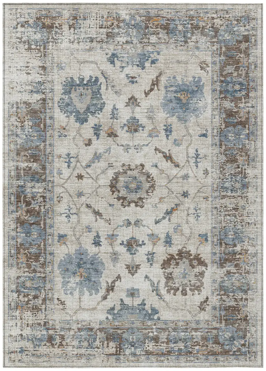 Beige And Blue Floral Washable Indoor Outdoor Area Rug Photo 1