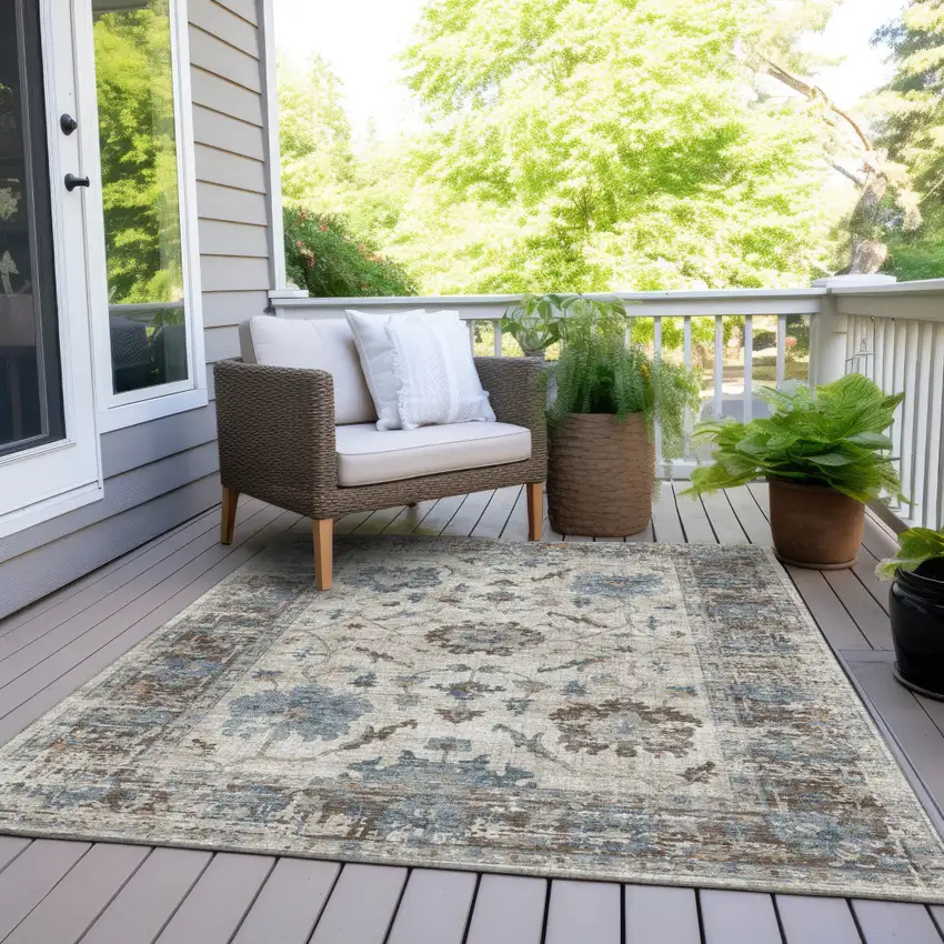 Beige And Blue Floral Washable Indoor Outdoor Area Rug Photo 8