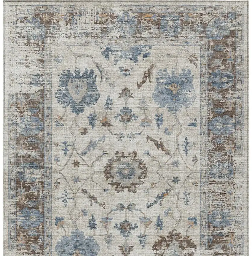 Beige And Blue Floral Washable Indoor Outdoor Area Rug Photo 4