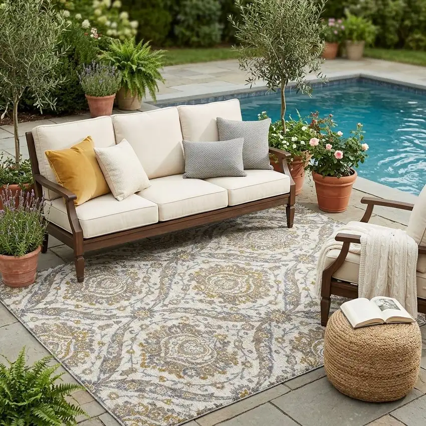 Beige And Blue Floral Washable Indoor Outdoor Area Rug Photo 1