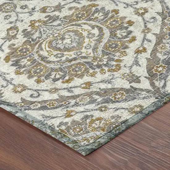 Beige And Blue Floral Washable Indoor Outdoor Area Rug Photo 5