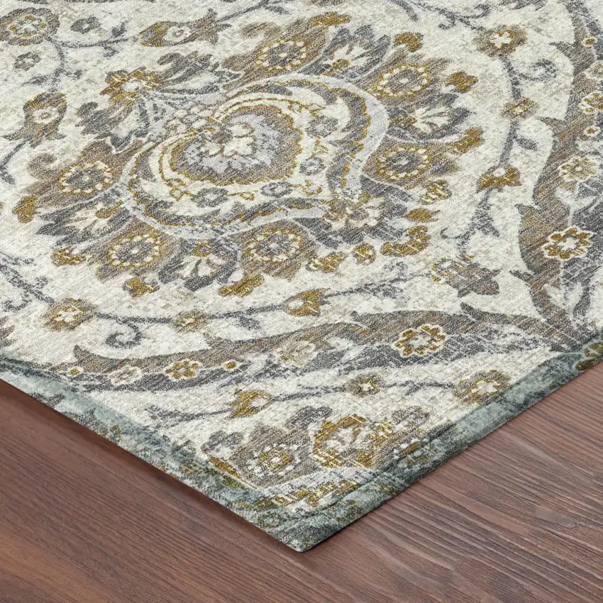 Beige And Blue Floral Washable Indoor Outdoor Area Rug Photo 5