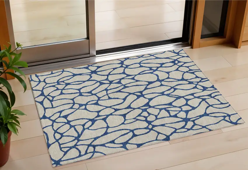 Beige And Blue Geometric Washable Indoor Outdoor Area Rug Photo 1