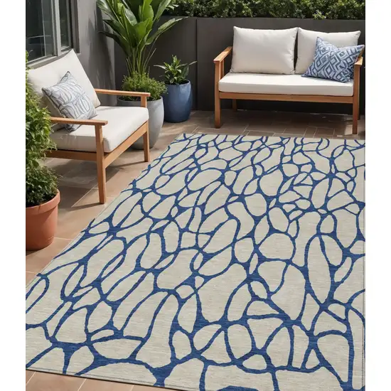 Beige And Blue Geometric Washable Indoor Outdoor Area Rug Photo 1