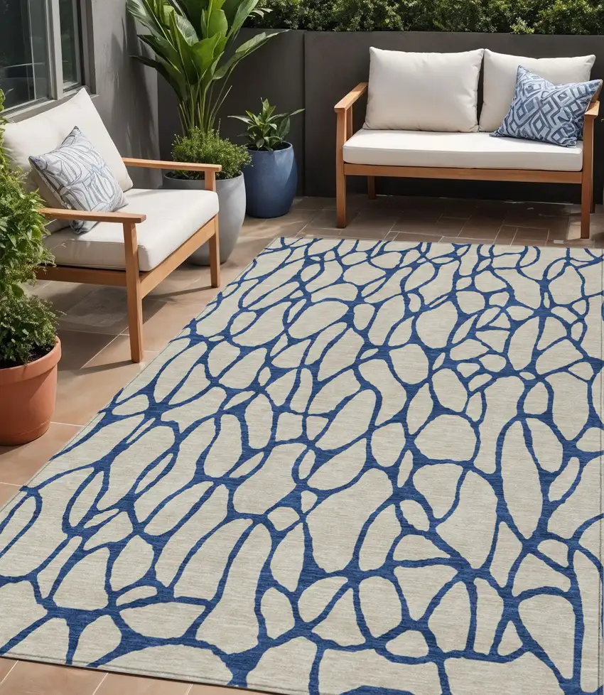 Beige And Blue Geometric Washable Indoor Outdoor Area Rug Photo 1