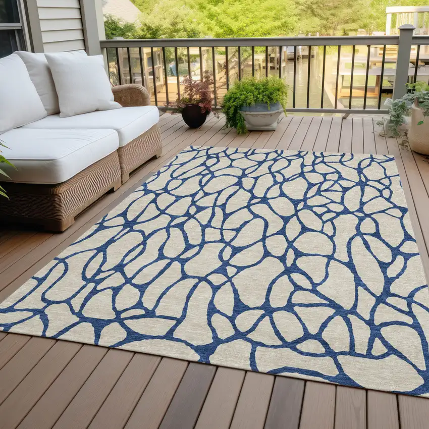 Beige And Blue Geometric Washable Indoor Outdoor Area Rug Photo 8