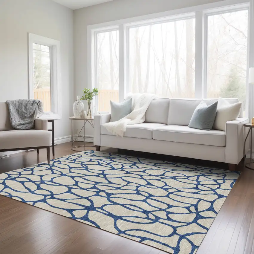 Beige And Blue Geometric Washable Indoor Outdoor Area Rug Photo 9