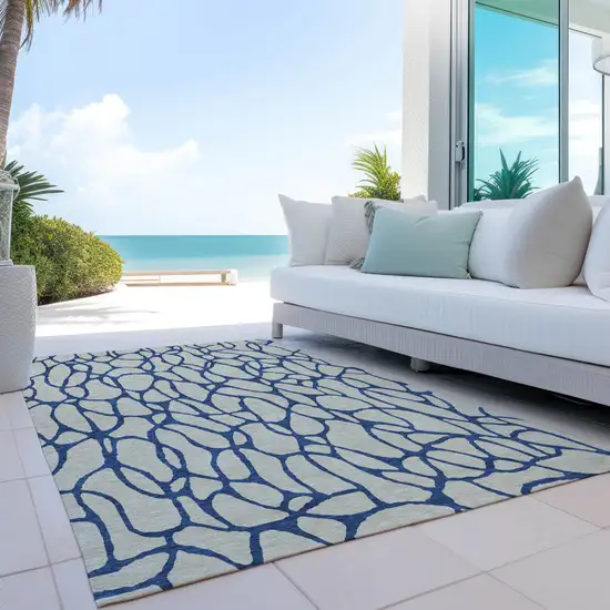 Beige And Blue Geometric Washable Indoor Outdoor Area Rug Photo 9