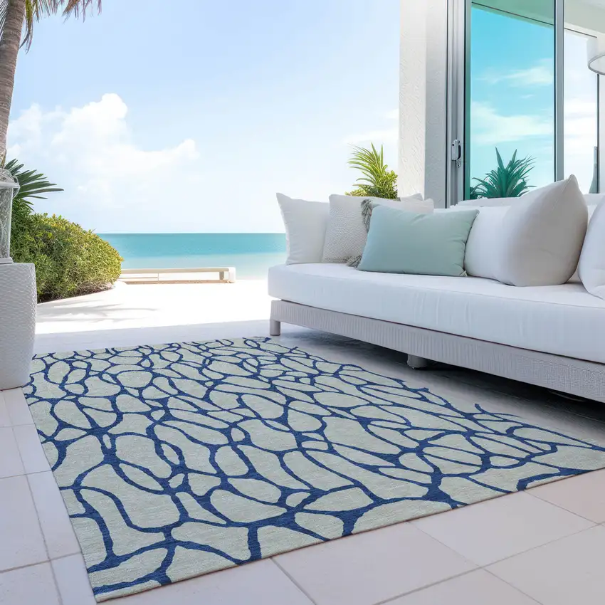 Beige And Blue Geometric Washable Indoor Outdoor Area Rug Photo 9