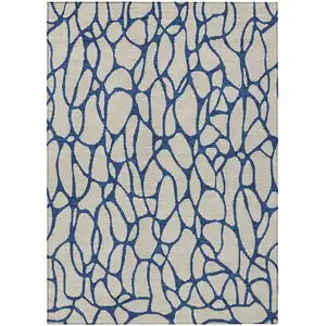 Photo of Beige And Blue Geometric Washable Indoor Outdoor Area Rug