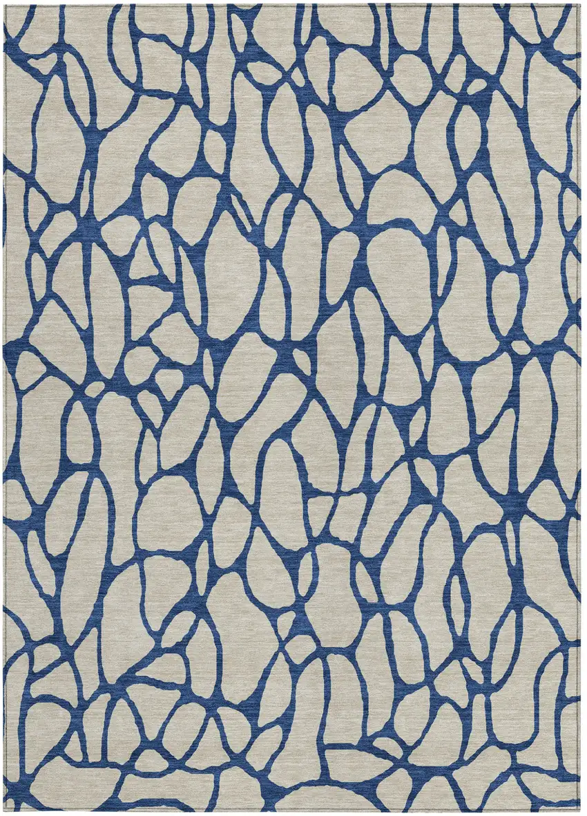 Beige And Blue Geometric Washable Indoor Outdoor Area Rug Photo 5