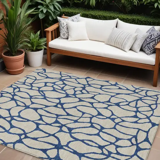 Beige And Blue Geometric Washable Indoor Outdoor Area Rug Photo 1