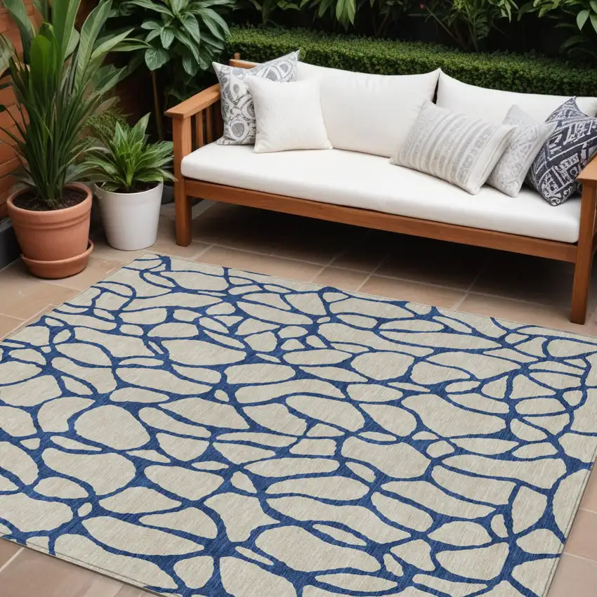 Beige And Blue Geometric Washable Indoor Outdoor Area Rug Photo 1
