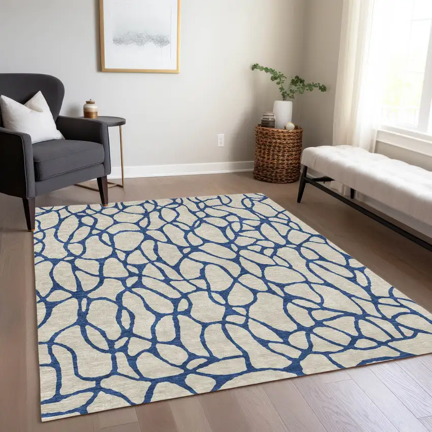 Beige And Blue Geometric Washable Indoor Outdoor Area Rug Photo 9