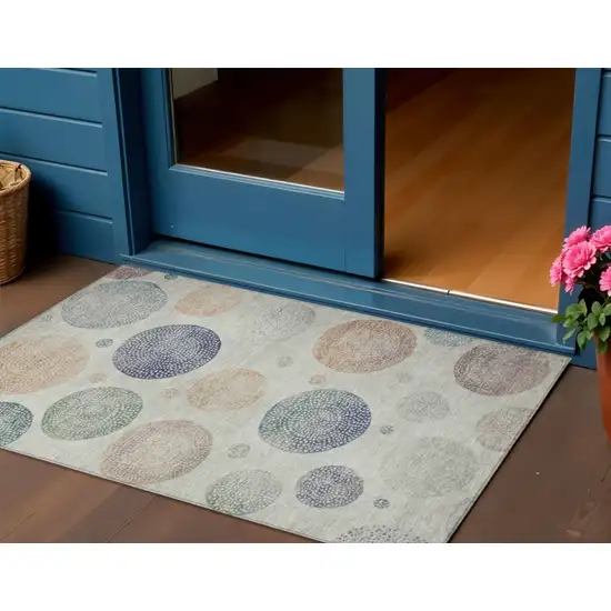 Beige And Blue Geometric Washable Indoor Outdoor Area Rug Photo 2