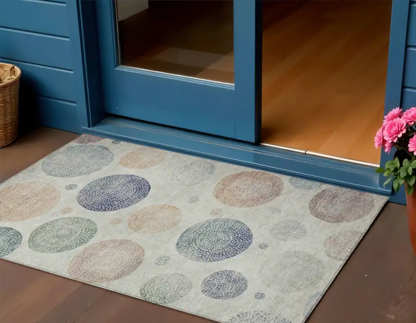 Beige And Blue Geometric Washable Indoor Outdoor Area Rug Photo 2