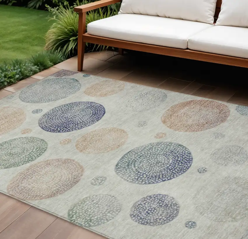 Beige And Blue Geometric Washable Indoor Outdoor Area Rug Photo 2