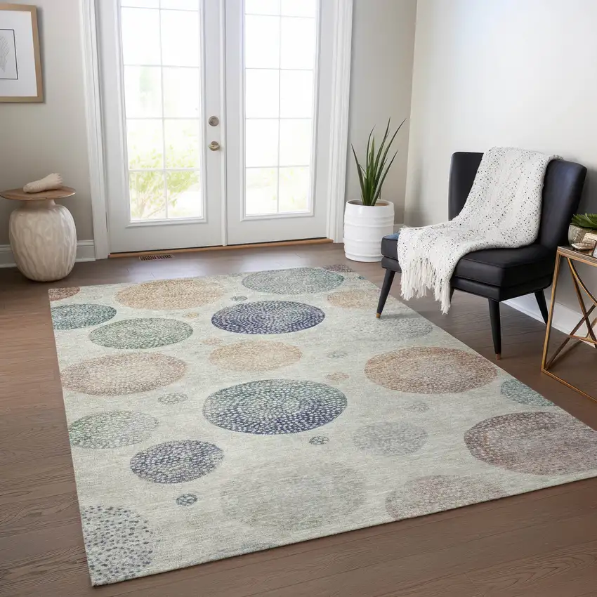 Beige And Blue Geometric Washable Indoor Outdoor Area Rug Photo 6