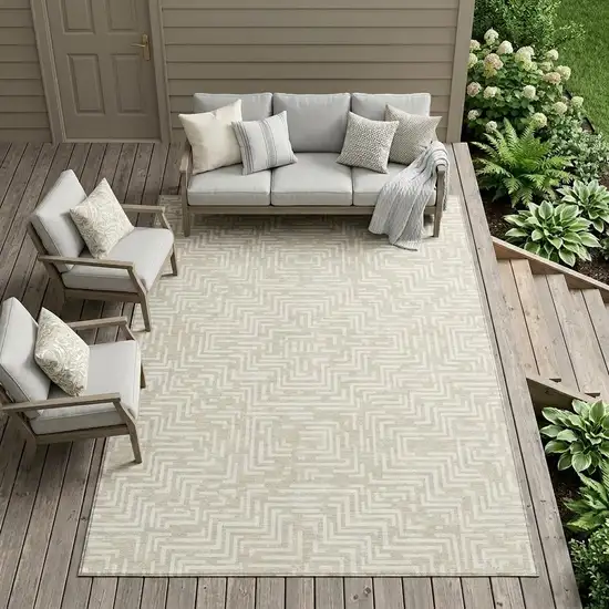 Beige And Blue Geometric Washable Indoor Outdoor Area Rug Photo 1