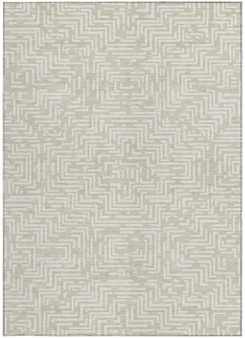 Beige And Blue Geometric Washable Indoor Outdoor Area Rug Photo 3