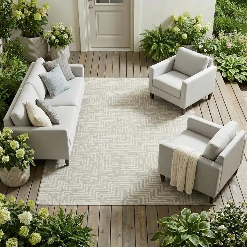 Beige And Blue Geometric Washable Indoor Outdoor Area Rug Photo 1