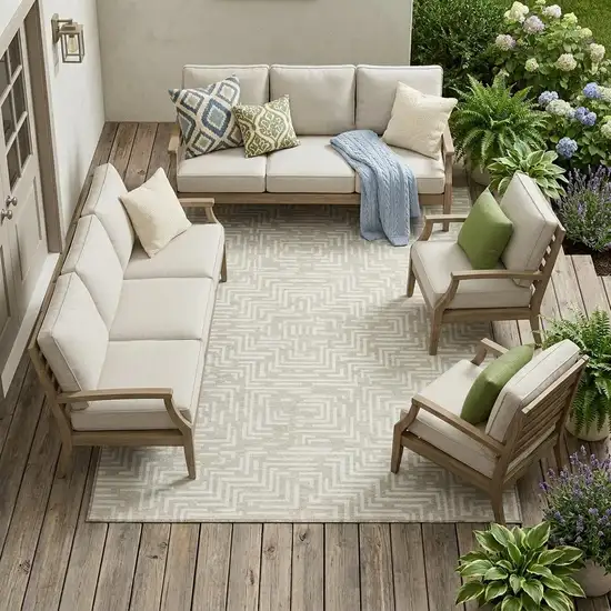 Beige And Blue Geometric Washable Indoor Outdoor Area Rug Photo 1