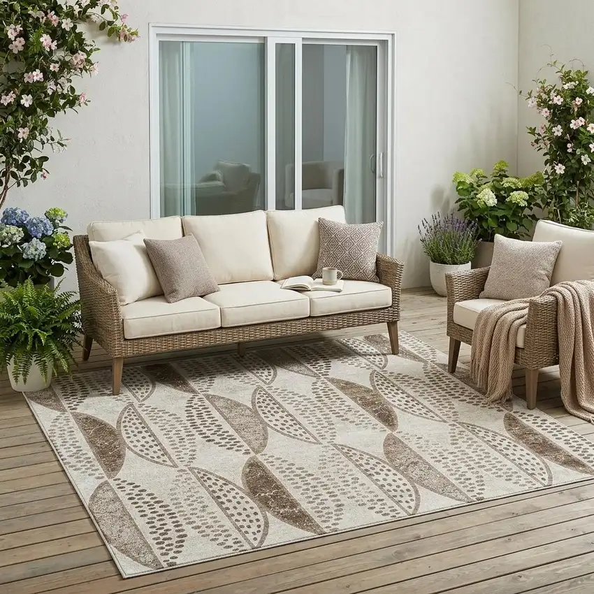 Beige And Blue Geometric Washable Indoor Outdoor Area Rug Photo 1