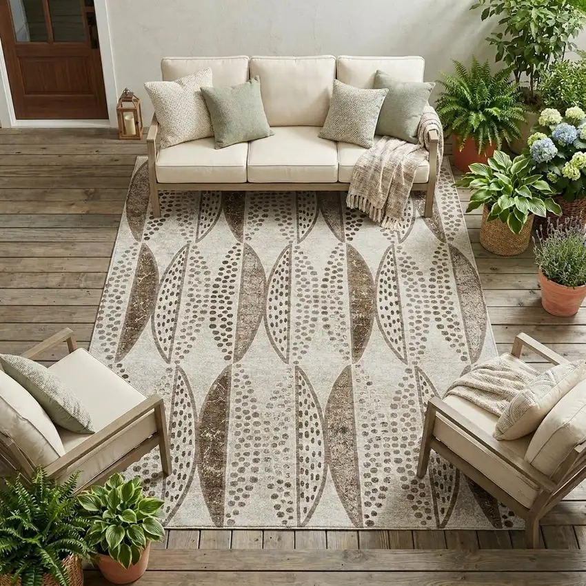 Beige And Blue Geometric Washable Indoor Outdoor Area Rug Photo 1