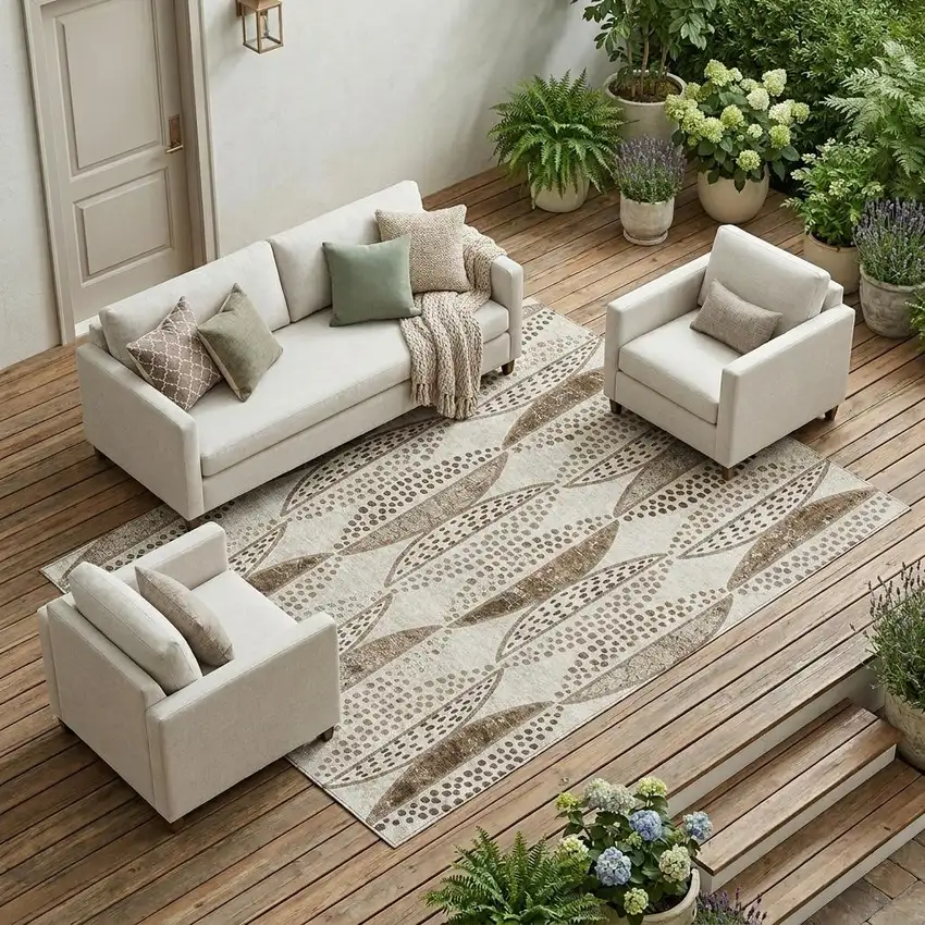 Beige And Blue Geometric Washable Indoor Outdoor Area Rug Photo 1
