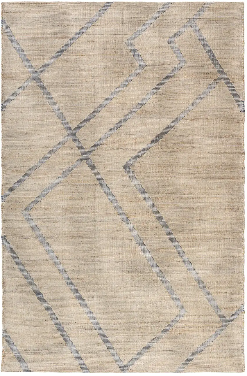 Beige And Blue Jute Abstract Hand Woven Area Rug Photo 2