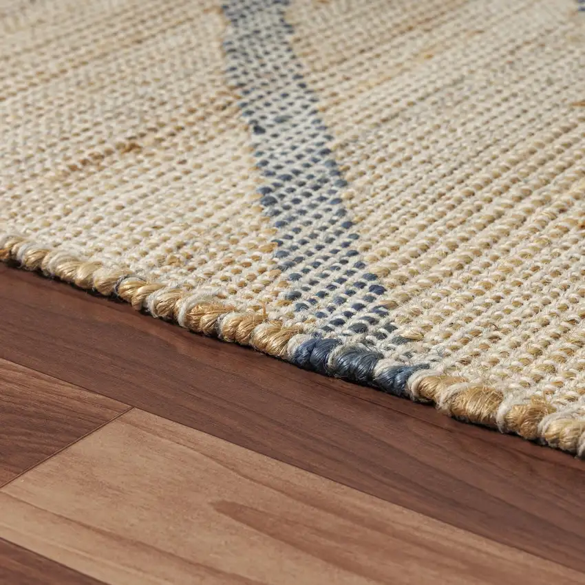 Beige And Blue Jute Abstract Hand Woven Area Rug Photo 3