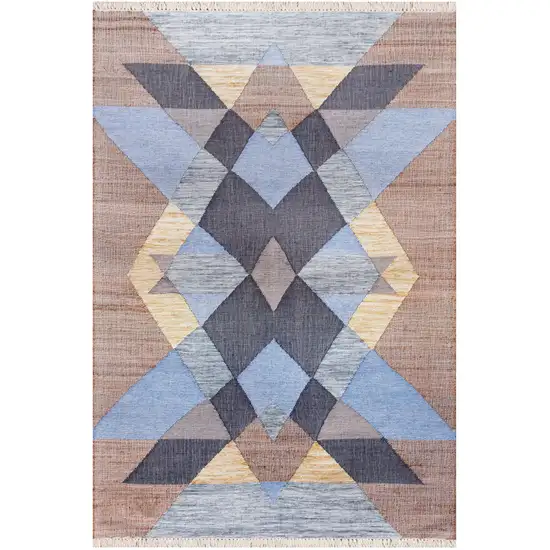 Beige And Blue Jute Geometric Hand Woven Square Rug Photo 5