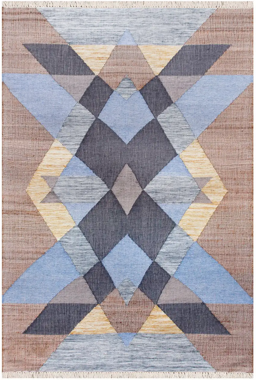 Beige And Blue Jute Geometric Hand Woven Square Rug Photo 5