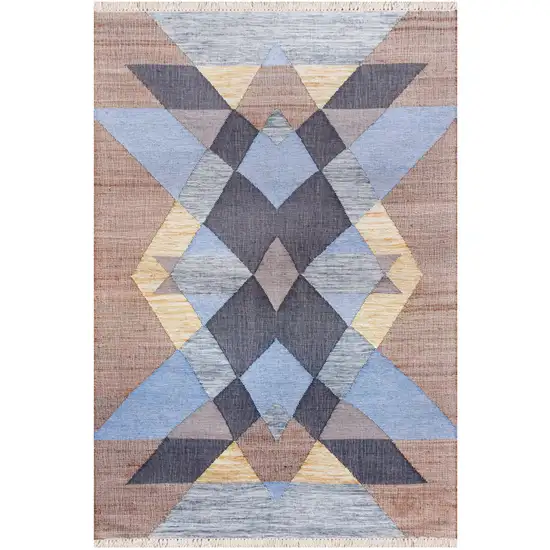 Beige And Blue Jute Geometric Hand Woven Square Rug Photo 2