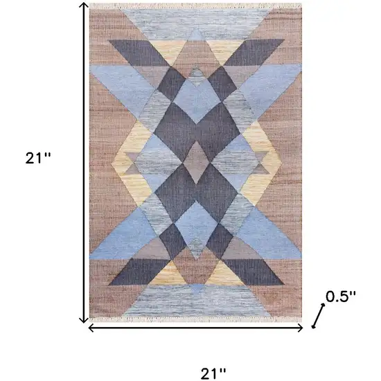 Beige And Blue Jute Geometric Hand Woven Square Rug Photo 3