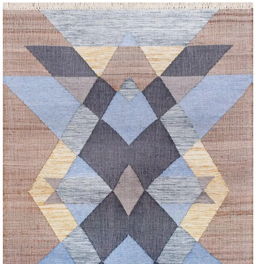 Beige And Blue Jute Geometric Hand Woven Square Rug Photo 4