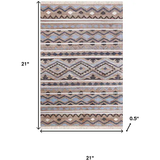 Beige And Blue Jute Striped Hand Woven Square Rug Photo 3