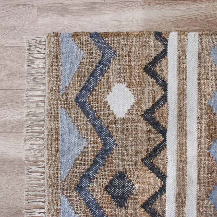 Beige And Blue Jute Striped Hand Woven Square Rug Photo 9