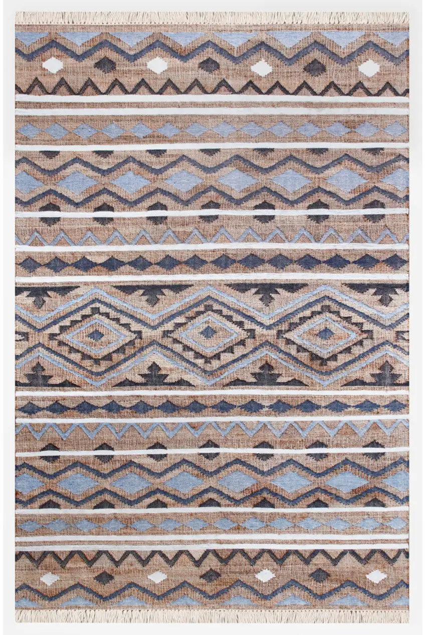 Beige And Blue Jute Striped Hand Woven Square Rug Photo 2
