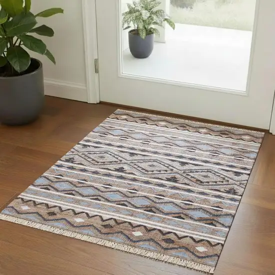 Beige And Blue Jute Striped Hand Woven Square Rug Photo 1