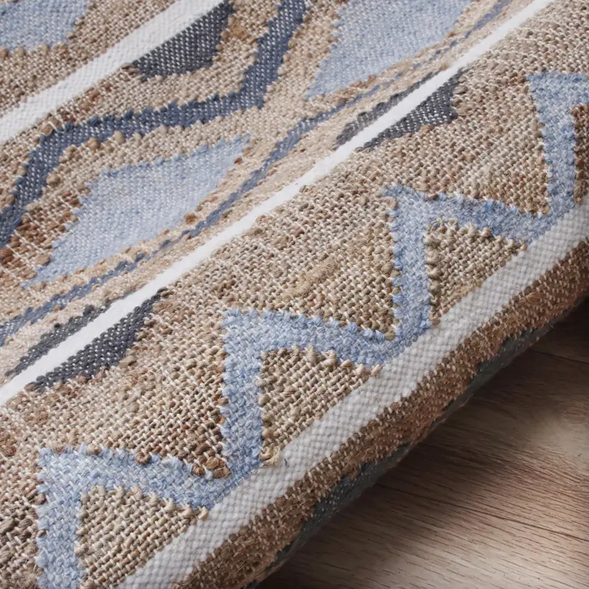 Beige And Blue Jute Striped Hand Woven Square Rug Photo 8