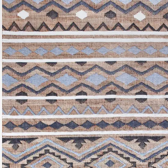 Beige And Blue Jute Striped Hand Woven Square Rug Photo 4