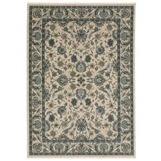 Beige And Blue Oriental Area Rug With Fringe Photo 9