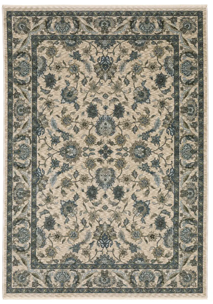 Beige And Blue Oriental Area Rug With Fringe Photo 2