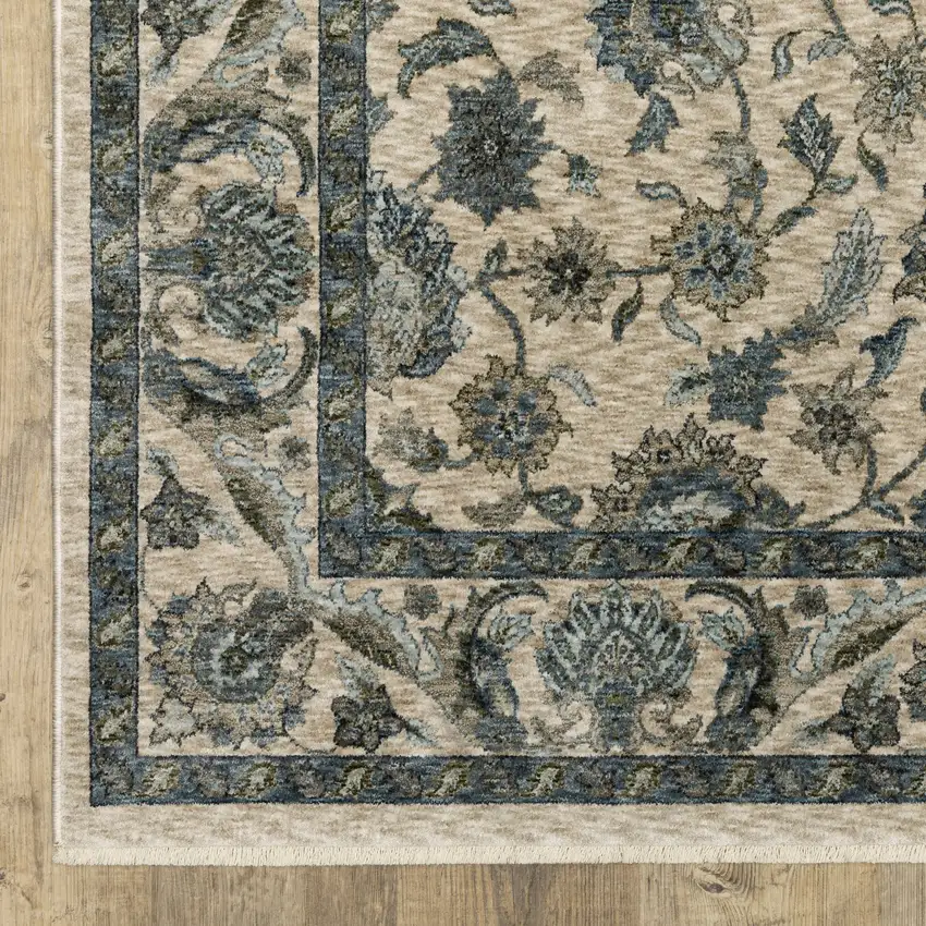 Beige And Blue Oriental Area Rug With Fringe Photo 4