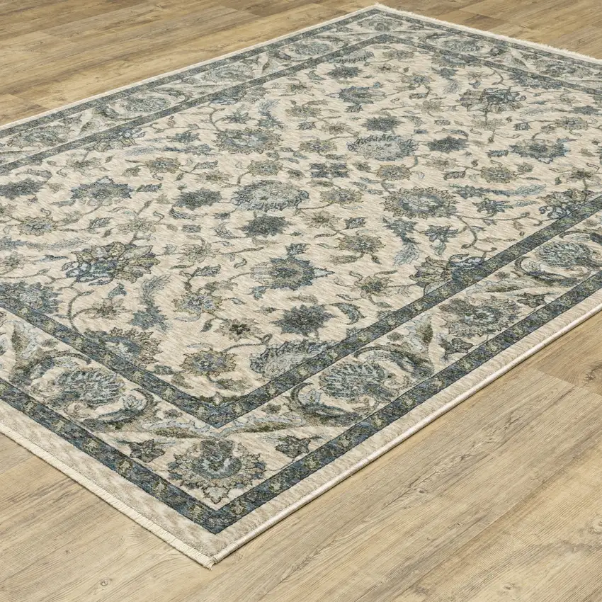 Beige And Blue Oriental Area Rug With Fringe Photo 6