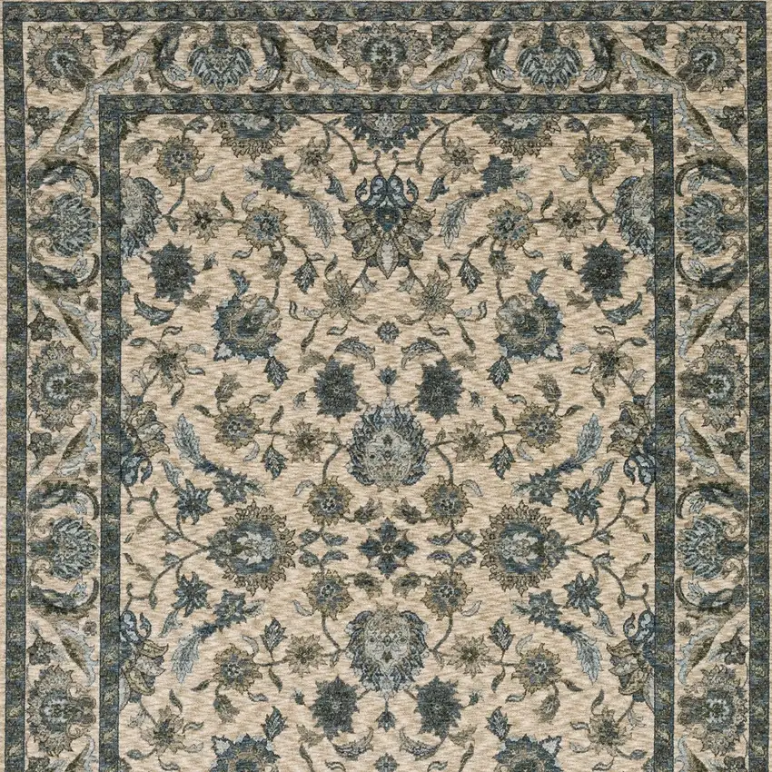 Beige And Blue Oriental Area Rug With Fringe Photo 6