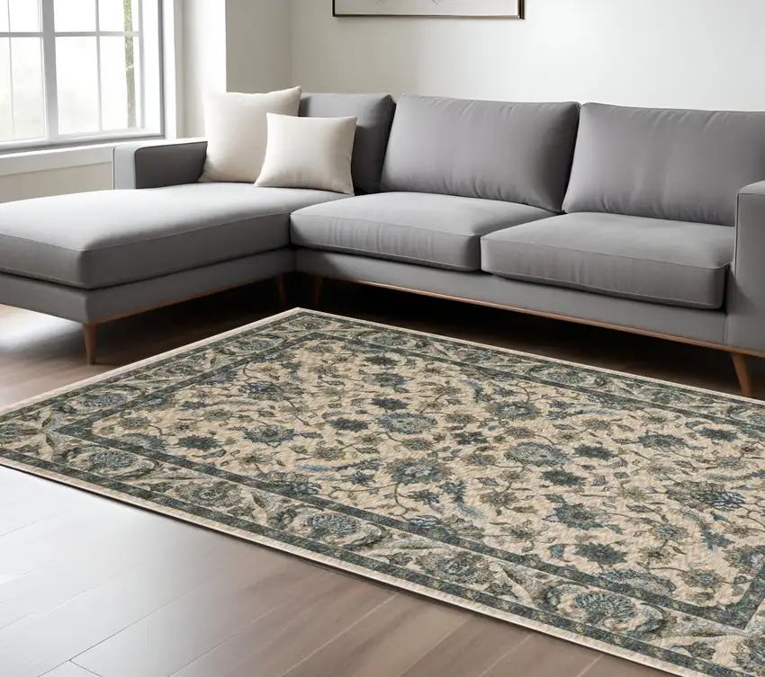 Beige And Blue Oriental Area Rug With Fringe Photo 1